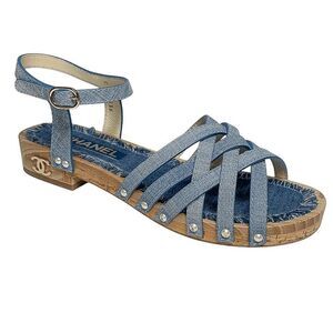 Chanel Fantasy Blue Calf Leather CC Logo Wooden Platform Sandals EU 38 US 7-7.5